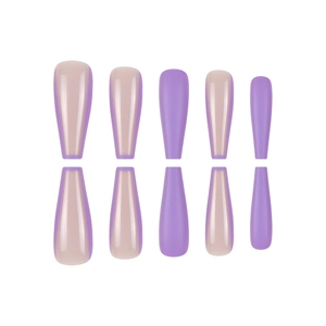 Long coffin lavender fake nail set with matte finish and purple French tip design