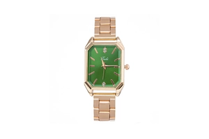 Detail view of square rose gold watch with emerald green dial and diamond accents