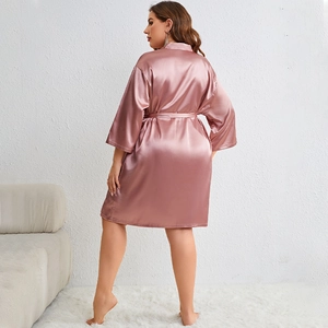 Pink silk satin two-piece sleepwear set with robe and slip dress for women