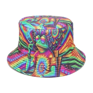 Close-up of psychedelic frog with sunglasses on a colorful tie-dye bucket hat
