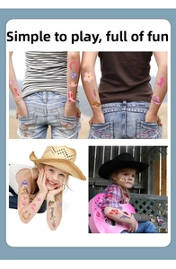Pink cowboy temporary tattoos set featuring boots, cactus, and howdy text on arms and face