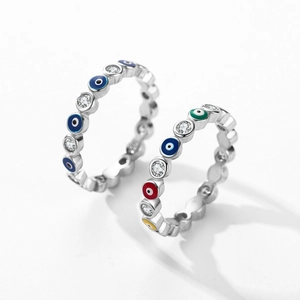 S925 sterling silver evil eye rings with colorful enamel and cubic zirconia on white background