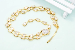 Elegant gold double-row choker necklace with sparkling rectangular cubic zirconia