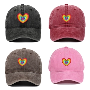Washed Cotton Baseball Cap Vintage Rainbow Heart Embroidery Adjustable Sunshade Outdoor Casual Summer Dad Hat Unisex