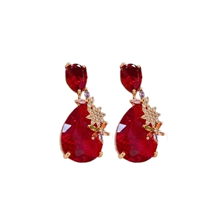 Elegant gold drop earrings with red pear-cut zircon stones and flower crystal details