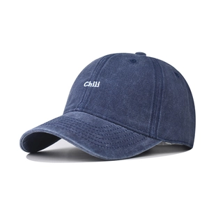 Washed dark blue cotton baseball cap with white Chili embroidery in a vintage style