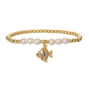 Elegant gold bead and pearl bracelet featuring a colorful rhinestone tropical fish pendant