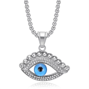 Collier avec pendentif œil bleu en acier inoxydable orné de cristaux et émail brillant