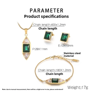 Spécifications de taille pour l'ensemble bijoux émeraude en acier inoxydable doré