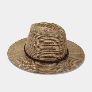 Neutral woven straw fedora with structured crown and dark brown leather decorative band