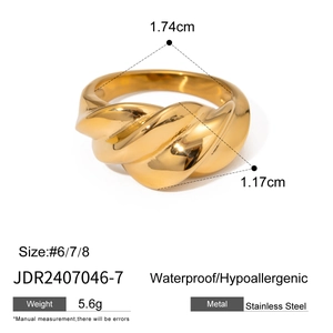 Detail showing dimensions of gold croissant ring in waterproof stainless steel