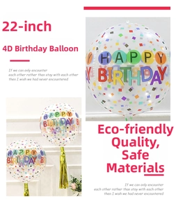 Detail view of 22 inch transparent 4D balloon with Happy Birthday print and sequins