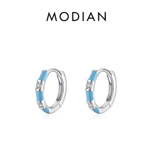Boucles D'oreilles Créoles Charnière Argent Sterling 925 Émail Bleu Géométrique Zircon Style Ins Bijoux Femmes