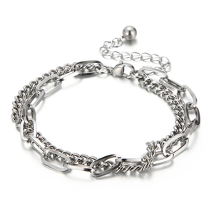 Double-layered silver chain bracelet with lobster clasp and round ball pendant for men