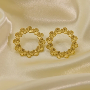 Floral Wreath Hoop Earrings Stainless Steel 14K Gold Plated Textured Five Petal Flower Minimalist Jewelry For Women