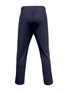 Detail view of navy blue jogger waistband with elastic band and premium stitching