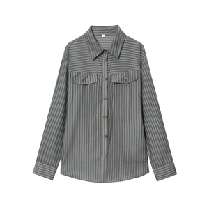Chemisier Femme À Rayures Manches Longues En Polyester Coton Boutonné Mode Décontractée Travail Double Poche Haut Tendance