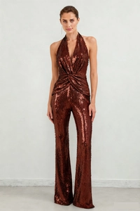 Deep V-neck sequined halter jumpsuit with backless detail and shimmering bronze finish