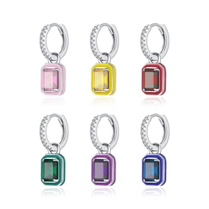 Orecchini a cerchio in argento S925 con pendenti in cristallo quadrato in sei colori vivaci