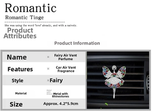 Sparkling crystal elf car perfume clip detail with dimensions 4.2x5.9cm on vent