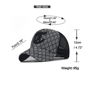 Size chart for plaid baseball cap with C letter showing brim height and circumference