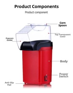 Detailed breakdown of the red electric popcorn maker parts including lid and corn spoon