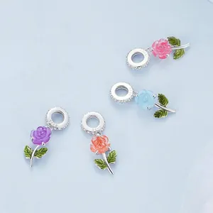 S925 sterling silver rose flower pendants with UV color-changing petals and enamel leaves