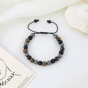 Adjustable tiger eye stone beaded bracelet with matte black and metallic grey round beads