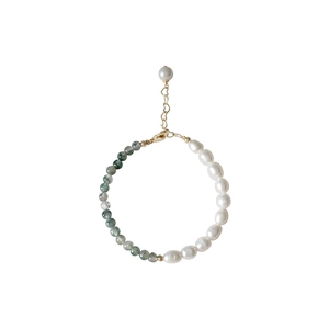 Elegant baroque freshwater pearl and green moss agate bracelet with gold metal clasp