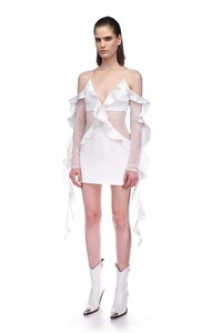 Sultry white off-shoulder lace mini dress with ruffled sleeves and sheer mesh detailing