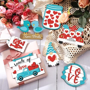 Close-up of 12pcs Valentine's Day tiered tray wood decor with hearts and love birds