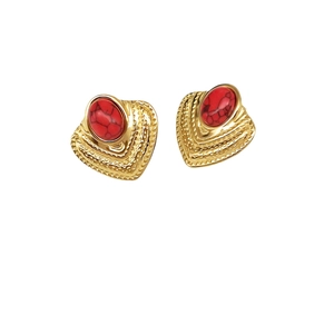 Retro butterfly leaf earrings with red stone inlay on gold stainless steel base