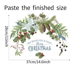 Detail showing Merry Christmas wall sticker dimensions with pine cones and berries design