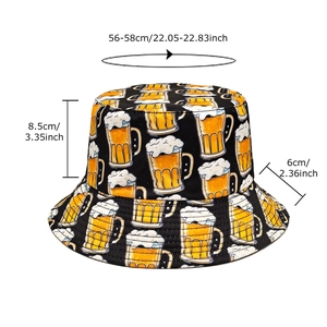 Black reversible bucket hat with beer mug print and detailed size measurements