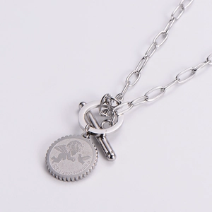 Polished silver titanium steel necklace with Cupid coin pendant and OT toggle clasp
