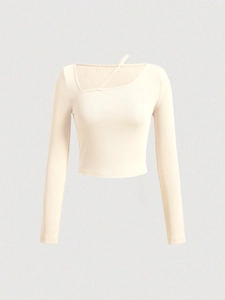 Camiseta De Manga Larga De Punto Acanalado Para Mujer Cuello Oblicuo Asimétrico Ajustado Crop Top Color Sólido Elegante Pullover