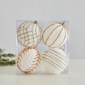 Set of 4 champagne gold and cream white flocked Christmas ball ornaments with glitter patterns