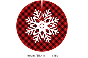 Detailed view of 90cm red plaid Christmas tree skirt with white snowflake patterns