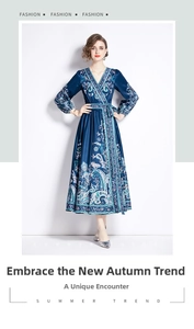 Detail of V-neck ethnic paisley print maxi dress with waist tie and long sleeves