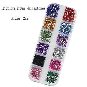 12 colors 2.0mm round rhinestones in clear box for nail art and DIY decoration