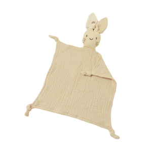 Soft cream baby comforter blanket with cotton muslin fabric and plush bunny toy