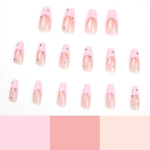 Pink gradient coffin false nails with silver rhinestones and 16 pieces set layout