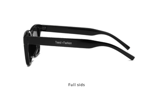 Side view of black square sunglasses featuring Trend x Fashion text on thick temples