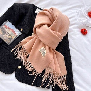Pink cashmere feel scarf with fringe and vintage tag detail next to autumn decor