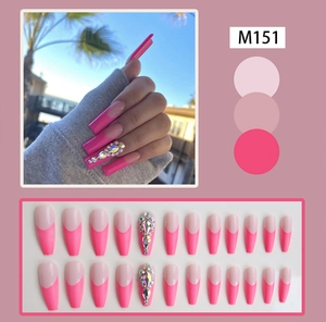 Detail of pink French long coffin press-on nails with rhinestones model M151