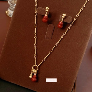Luxury 18k gold plated necklace and earring set featuring red gourd pendants for women