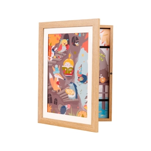 Front-opening wood grain kids art frame with internal elastic bands for storage