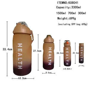 Set of 4 gradient sports water bottles from 300ml to 3300ml with handle and straw