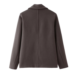 Back view of a coffee brown short wool coat with a straight cut and tailored collar