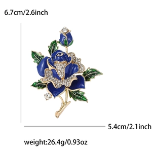 Elegant blue enamel rose brooch with gold stem, sparkling crystals, and size dimensions